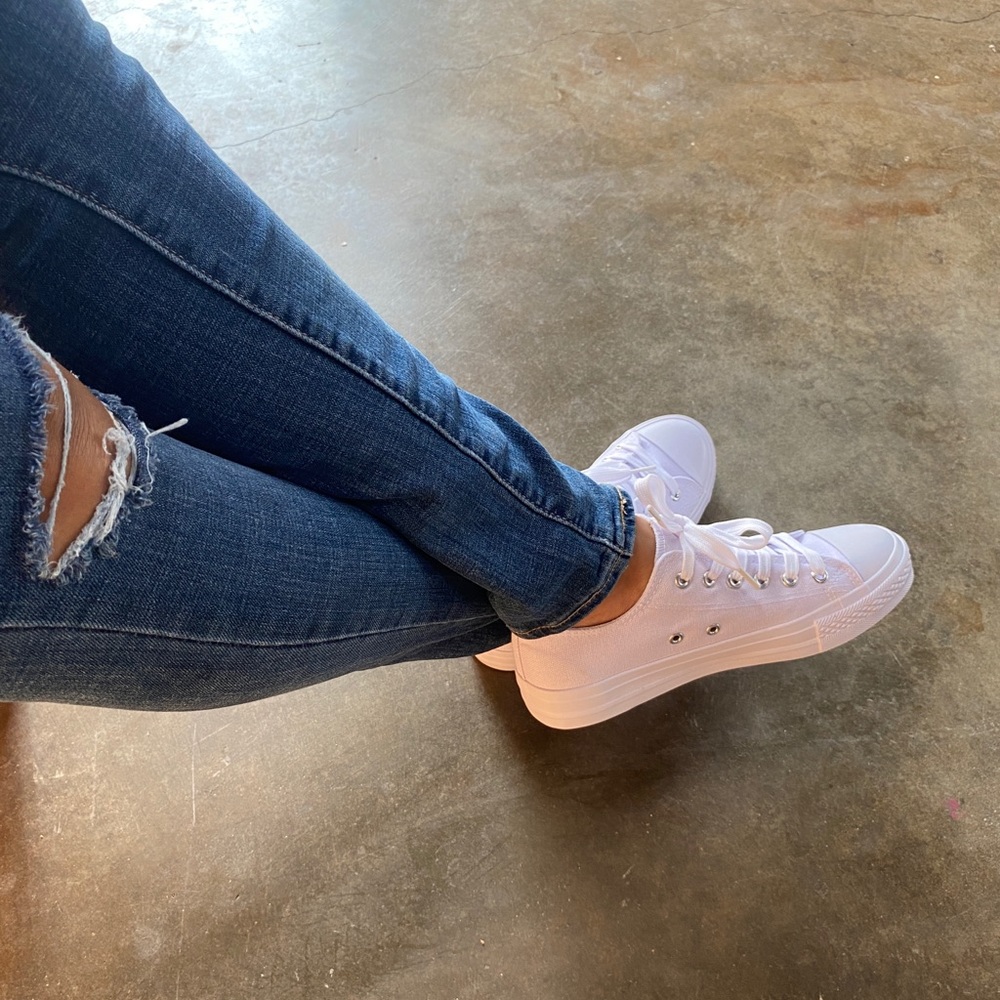 All White Lace Up Low Top Canvas Sneakers - Picture 3 of 7